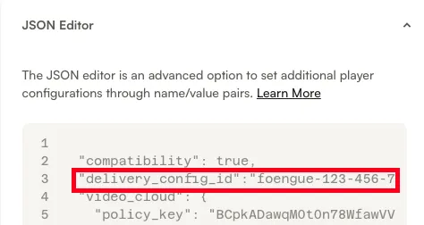 JSON Editor showing delivery_config_id property