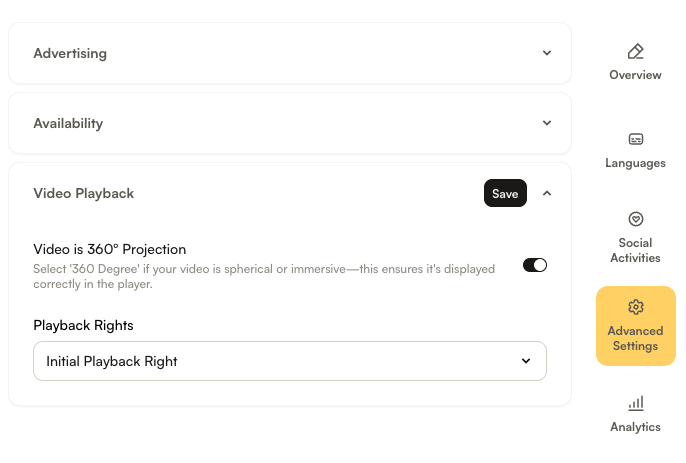 Video Playback section in Advanced Settings showing the Video is 360° Projection toggle enabled
