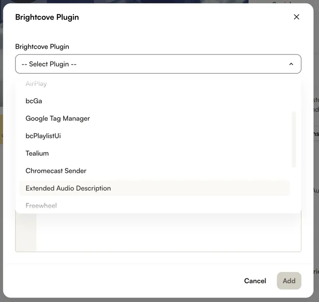 プラグイン一覧が開き、Extended Audio Description がハイライトされた Brightcove Plugin ダイアログ