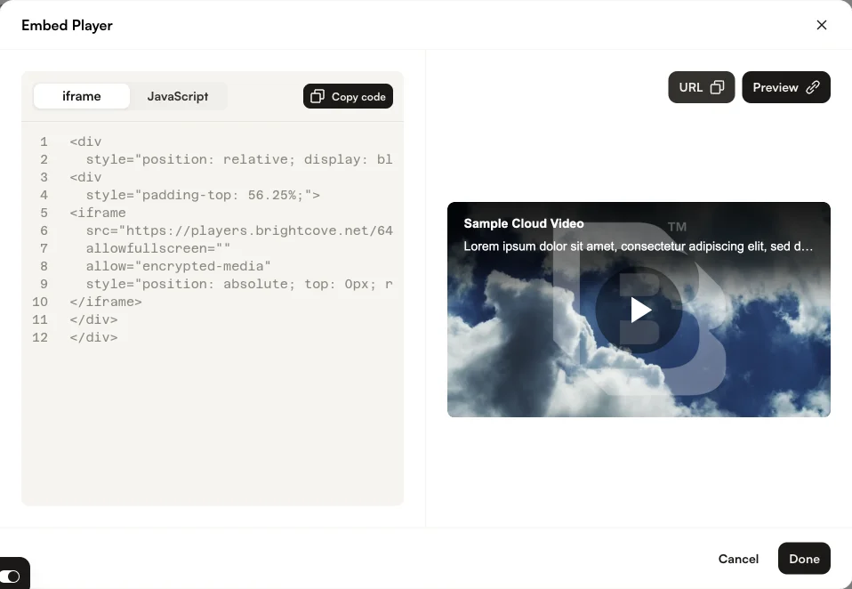 Embed Player dialog with URL button